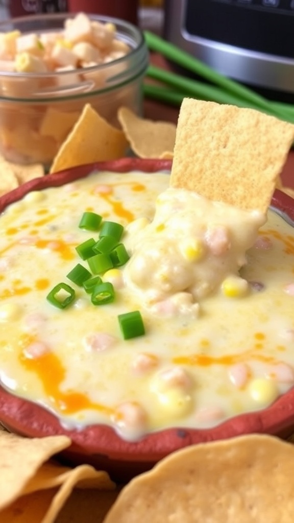 A bowl of creamy corn dip garnished with green onions, served with tortilla chips.
